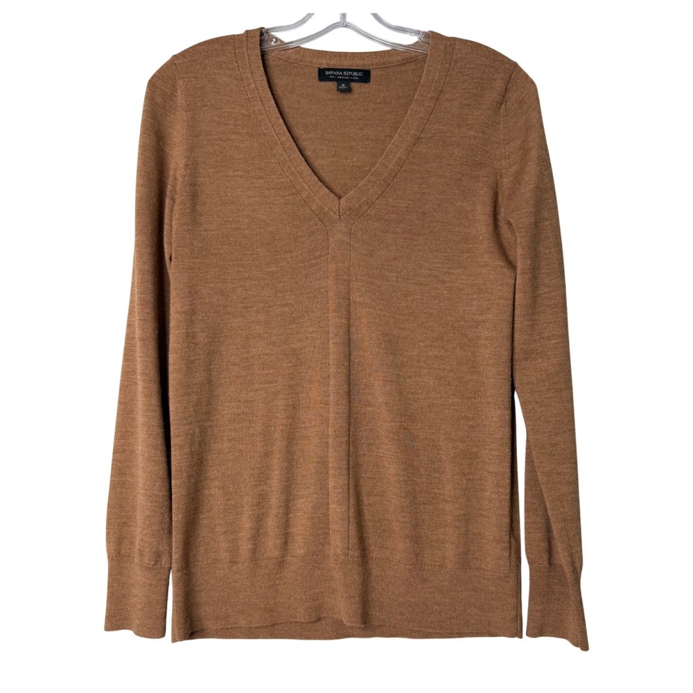 Banana Republic 100% Merino Wool Fine Knit V Neck Sweater Womens S Tan Preppy